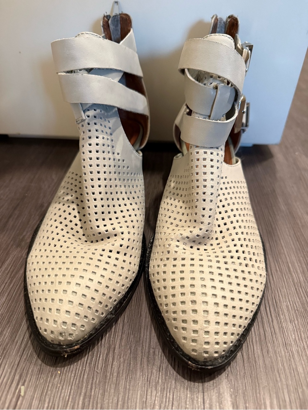 Jeffrey Campbell - Everly Perforated Ankle Buckle Heeled Boots - Cream